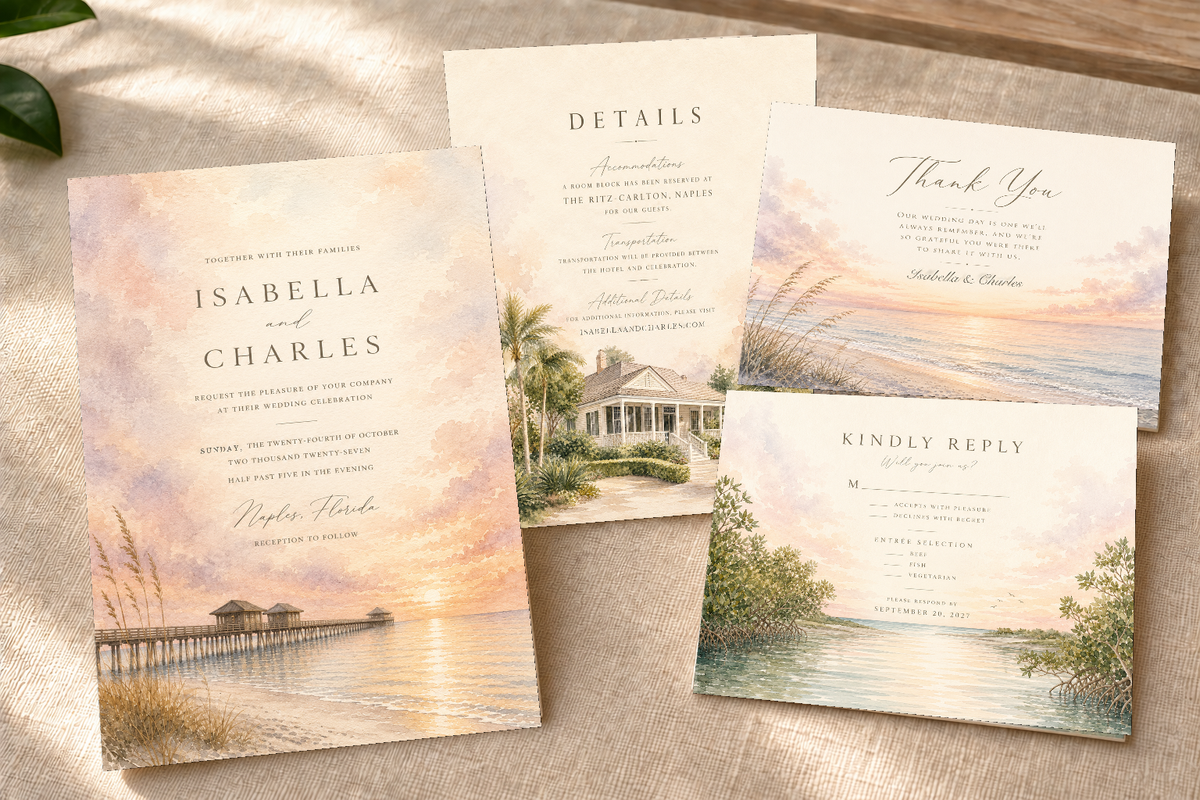Naples dimensional watercolor wedding stationery suite by Flutter Society Customs