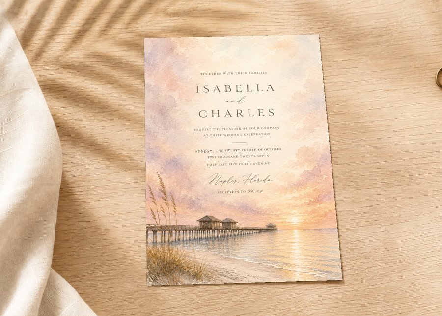 Naples watercolor wedding invitation by Flutter Society Customs