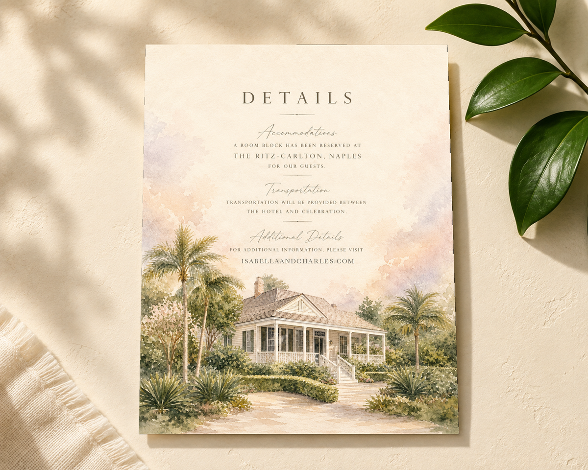 Naples watercolor wedding details card by Flutter Society Customs