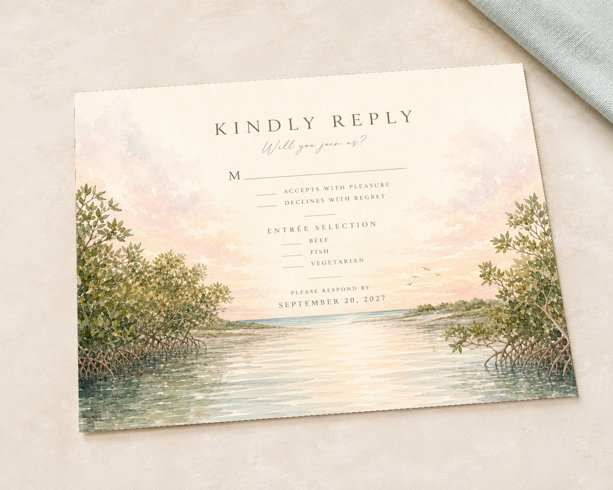 Naples watercolor wedding RSVP card by Flutter Society Customs