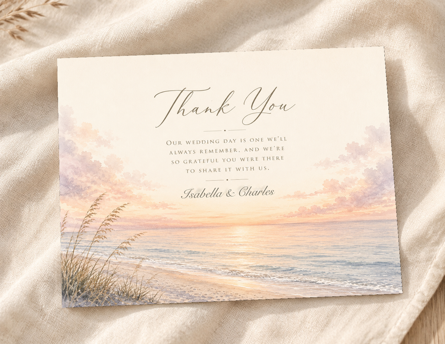 Naples watercolor wedding thank you card by Flutter Society Customs