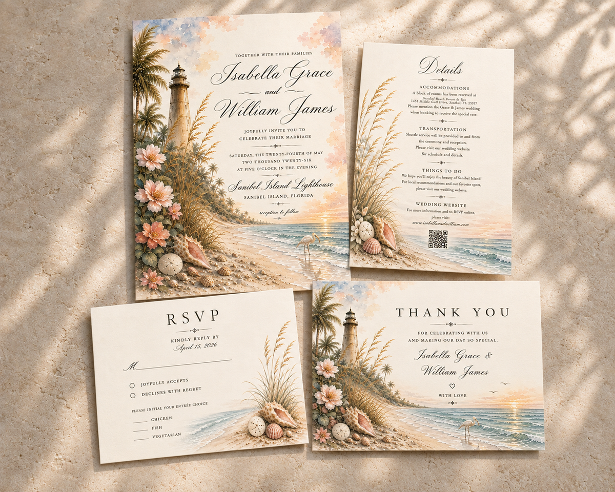 Sanibel watercolor wedding stationery suite by Flutter Society Customs