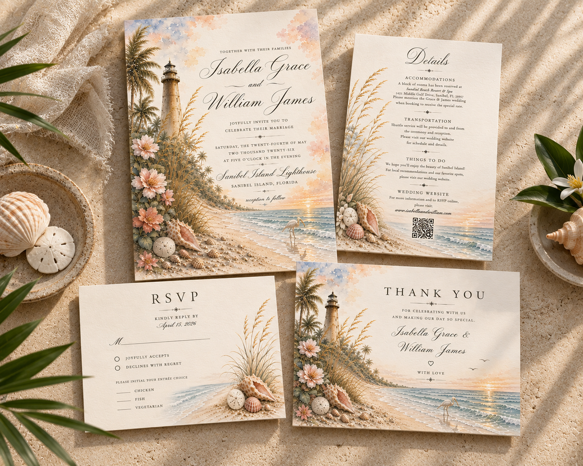 Sanibel dimensional watercolor wedding stationery suite by Flutter Society Customs