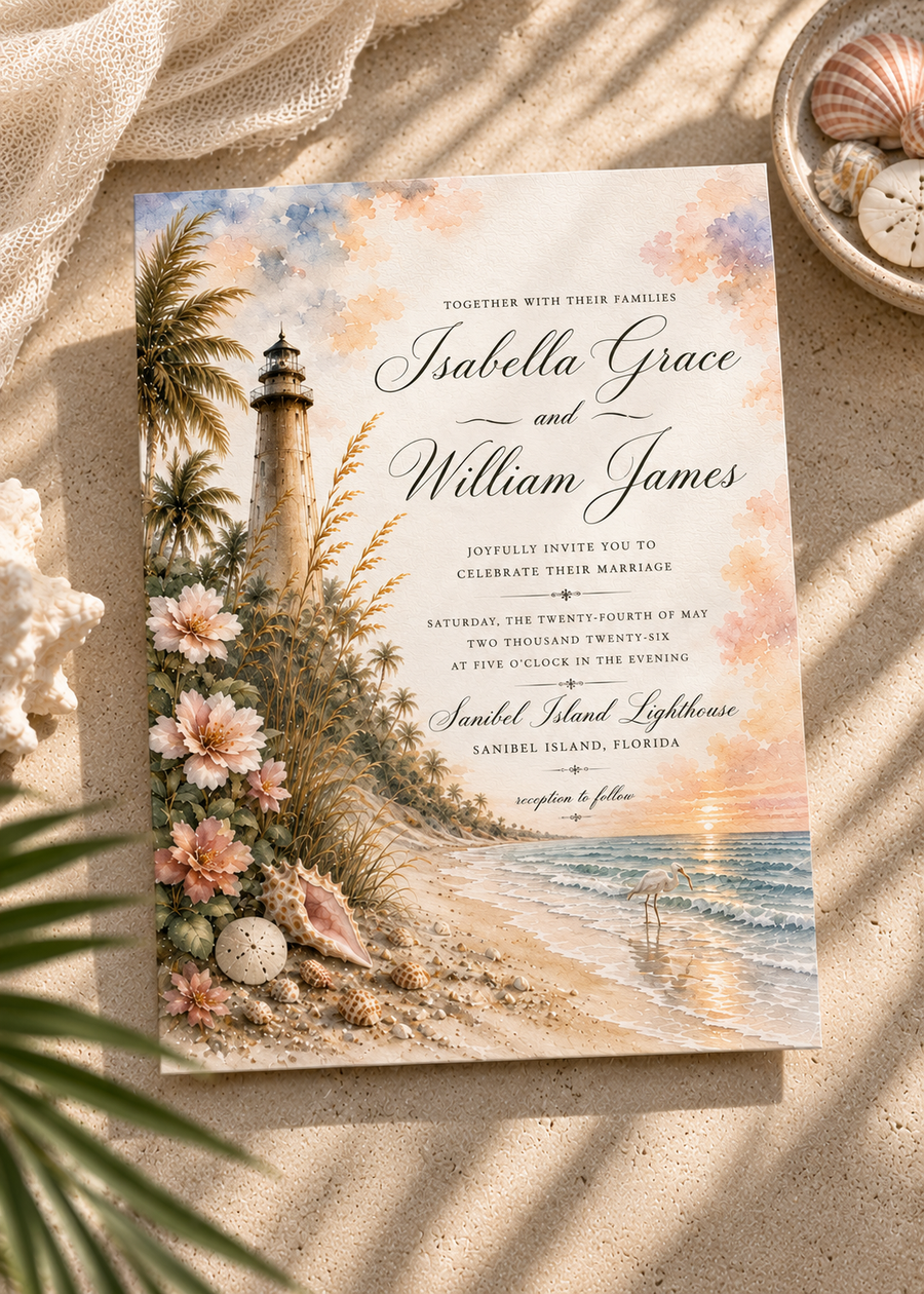 Sanibel watercolor wedding invitation by Flutter Society Customs