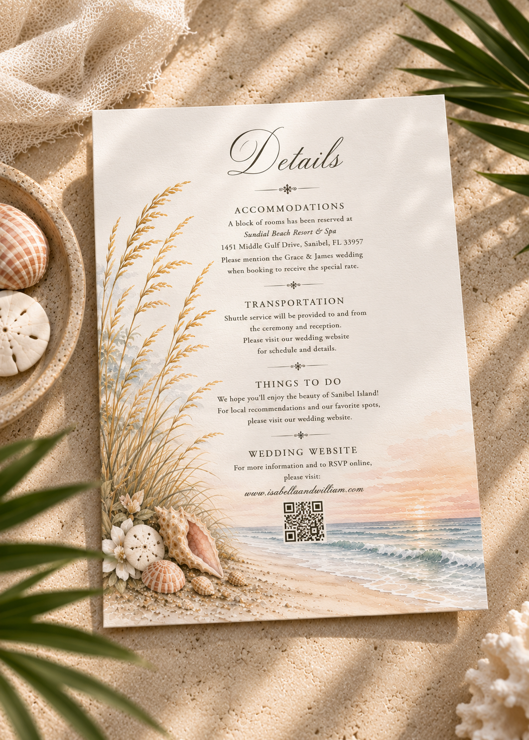 Sanibel watercolor wedding details card by Flutter Society Customs