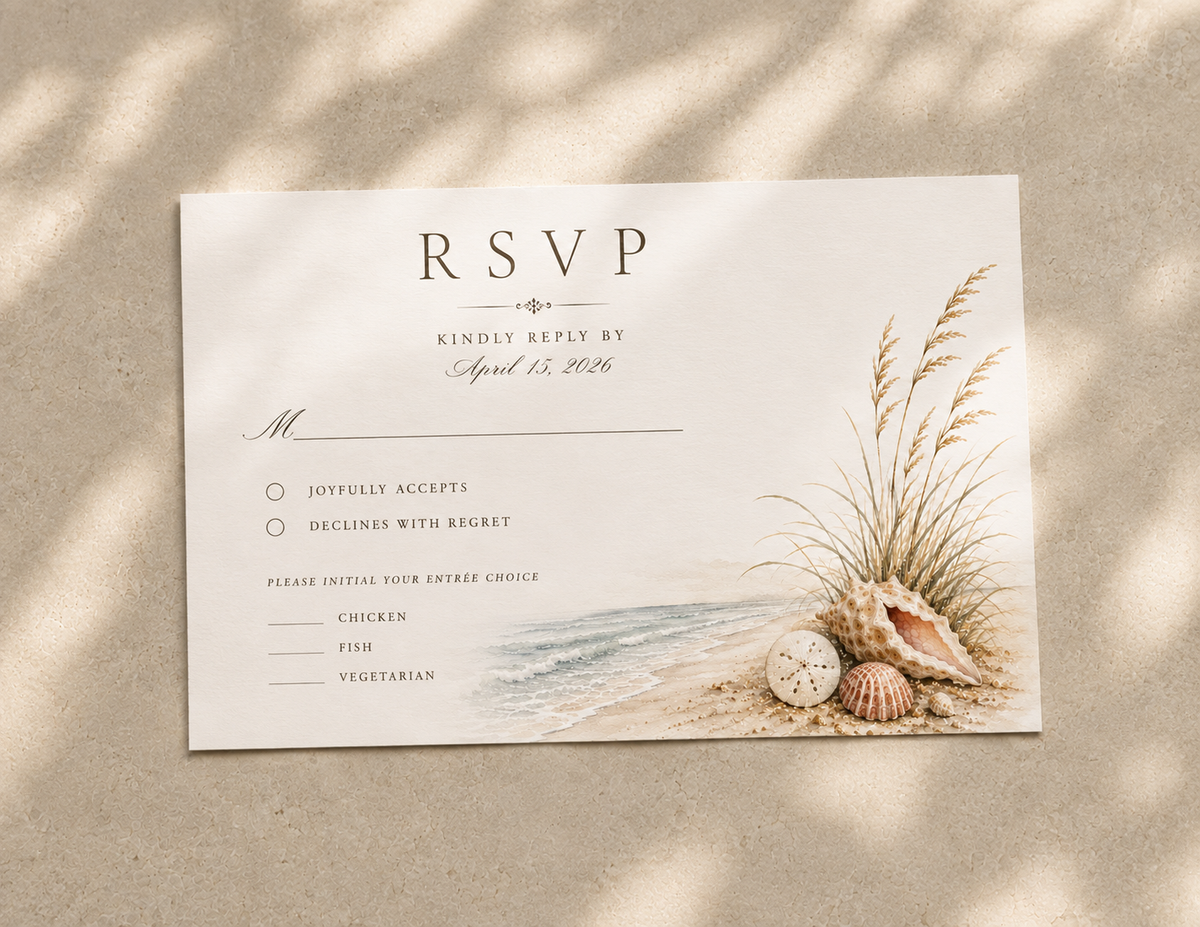 Sanibel watercolor wedding RSVP card by Flutter Society Customs