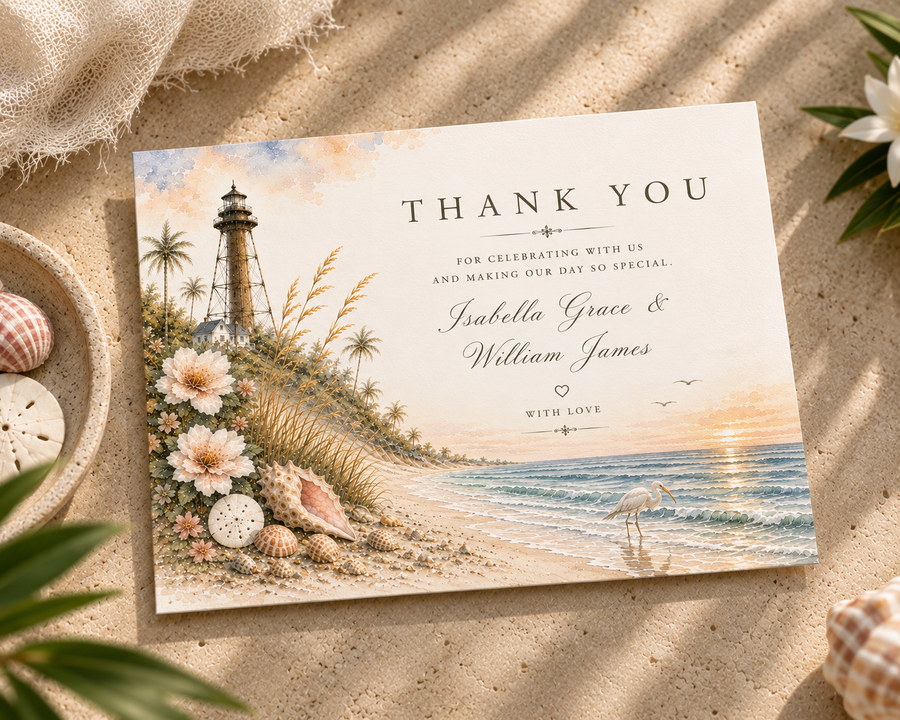 Sanibel watercolor wedding thank you card by Flutter Society Customs