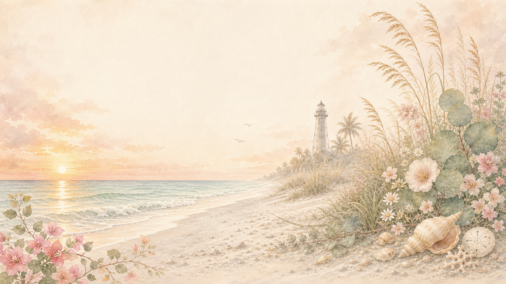 Watercolor Sanibel Island coastline at sunrise with lighthouse, sea oats, shells, and coastal flowers